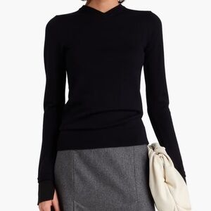 Toteme Two Tone High V Neck Knit Wool Silk Cuff Sweater Navy Blue